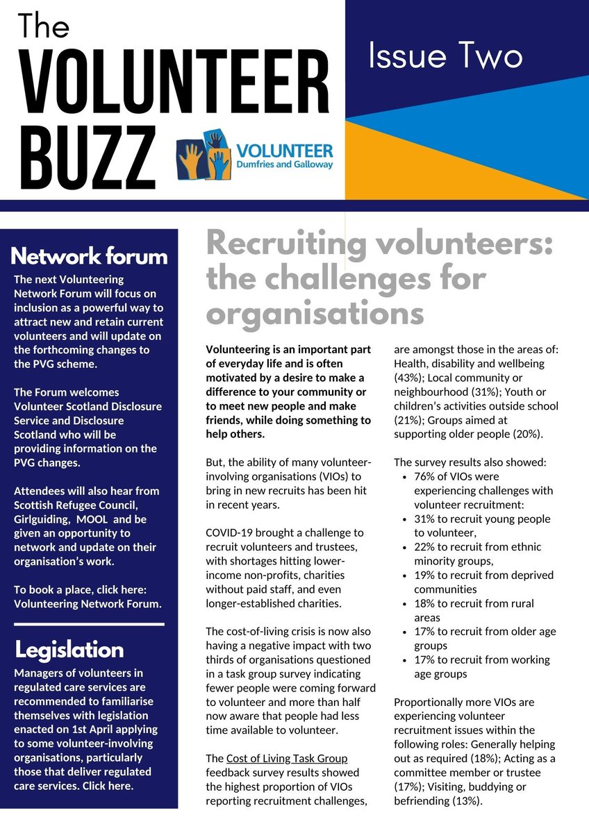 thirdsectordg's tweet photo. The second issue of The Volunteer Buzz is out. The seven-page issue includes insights from Food Train and Girlguiding Scotland as well as introducing Katia Mackley, our new Volunteer for Employment Development Officer. 

Have a look: https://t.co/L9qVwArGp5 https://t.co/EdWrzX13jq