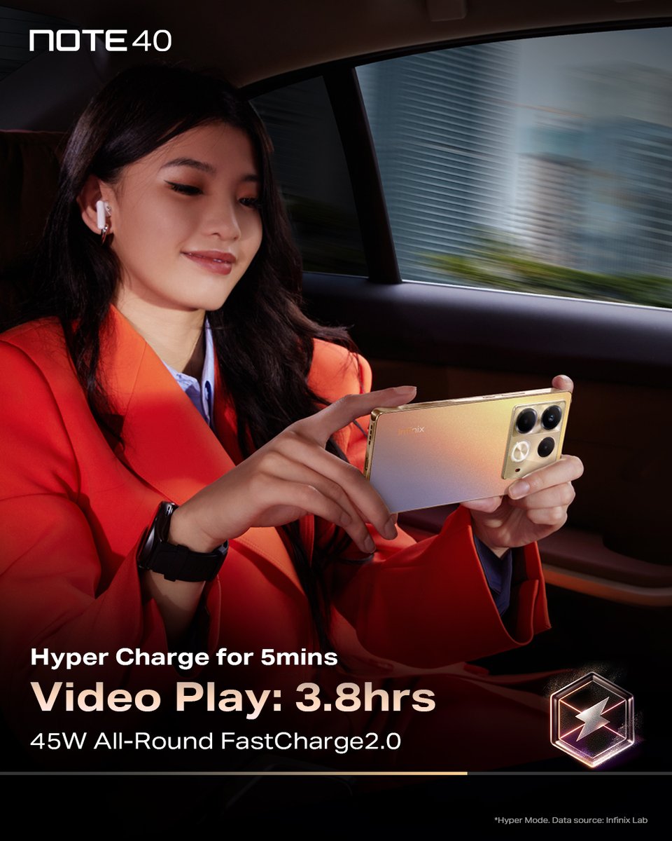 InfinixMobileTZ's tweet photo. Chaji ya dakika 5 tu ukiwa na #NOTE40 inakupa zaidi ya masaa matatu ya Kutazama Movie na video zako pendwa.
#Infinixtanzania #NOTE40 #TakeCharge247 #AllRoundFastCharge2_0 https://t.co/IqDiJ6Lokj