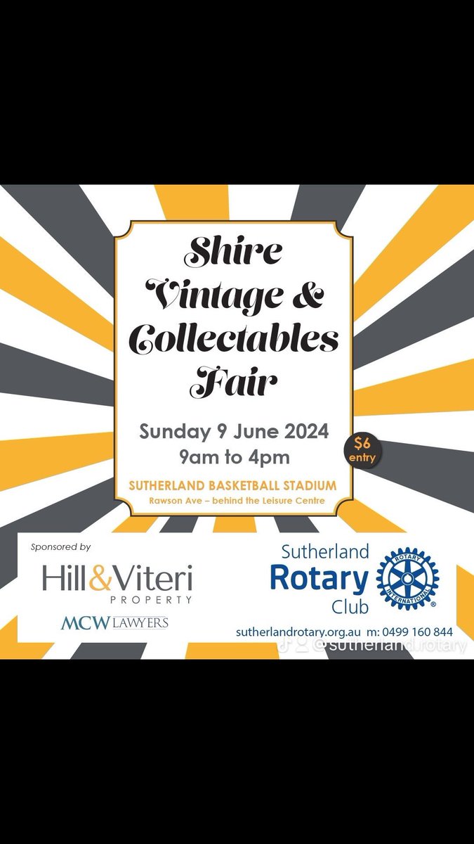 Sutherland Rotary (@suthrotary) on Twitter photo Only 15 days left for our Shire Vintage & Collectibles Fair event on Sunday 9th June 2024 from 9:00 AM to 4:00 PM at the Sutherland BasketBall Stadium. So get ready for a great time to spend with vintage items , lucky door prizes , Valuation on site and many more entertainment ! Only 15 days left for our Shire Vintage & Collectibles Fair event on Sunday 9th June 2024 from 9:00 AM to 4:00 PM at the Sutherland BasketBall Stadium. So get ready for a great time to spend with vintage items , lucky door prizes , Valuation on site and many more entertainment !