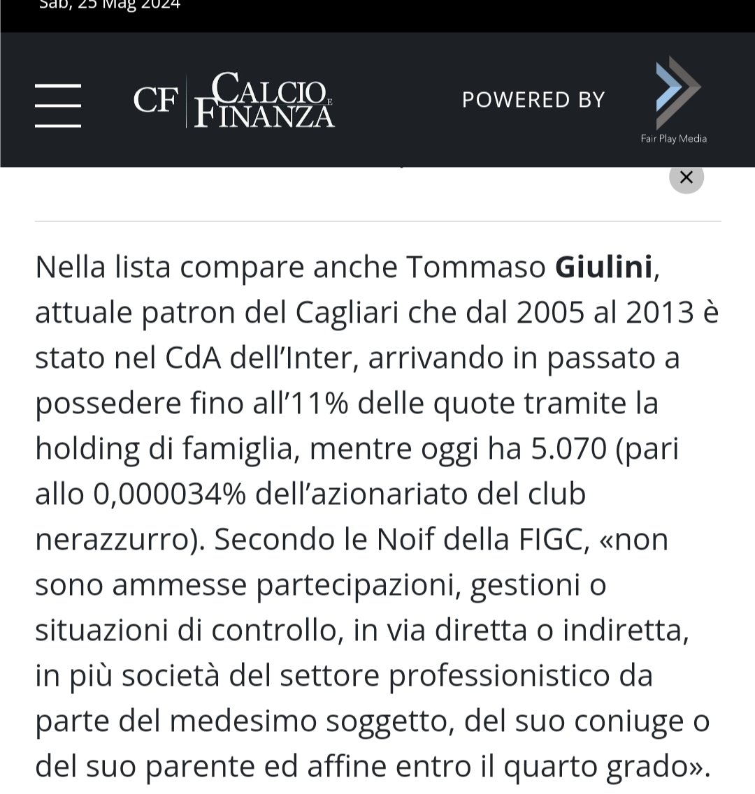 Altra nefandezza.
Giulini, patron del Cagliari, è un piccolo azionista dell'Inter.
Secondo le Noif della FIGC, «non sono ammesse partecipazioni, gestioni o situazioni di controllo, in via diretta o indiretta, in più società del settore professionistico da parte del medesimo