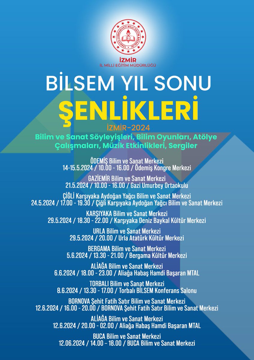 izmir_ilmem's tweet photo. 📍Bilsem Yıl Sonu Şenlikleri
✨Bilim ve Sanat Şöyle Söyleşileri,Bilim Oyunları, Atölye Çalışmaları,Müzik Etkinlikleri,Sergiler

@tcmeb 
@Yusuf__Tekin 
@drsuleymanelban 
@yahsiomer https://t.co/kaB2zDPj8x