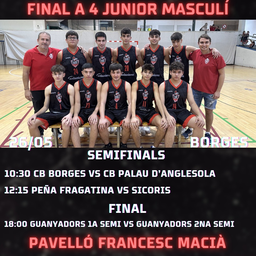 Aquest diumenge el júnior masculí jugarà la seva final a 4 a Les Borges. 
Som-hi equip a donar-ho tot a la pista!! 
#cbborgesgarrigues #f4