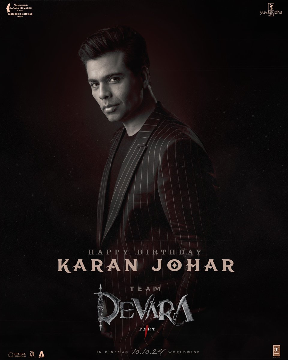 The #Devara squad wishes the visionary filmmaker #KaranJohar a very Happy Birthday! ❤️‍🔥❤️‍🔥 Man of Masses @tarak9999 #KoratalaSiva #SaifAliKhan #JanhviKapoor @NANDAMURIKALYAN @RathnaveluDop @sabucyril @sreekar_prasad @Yugandhart_ @YuvasudhaArts @NTRArtsOfficial @dharmamovies