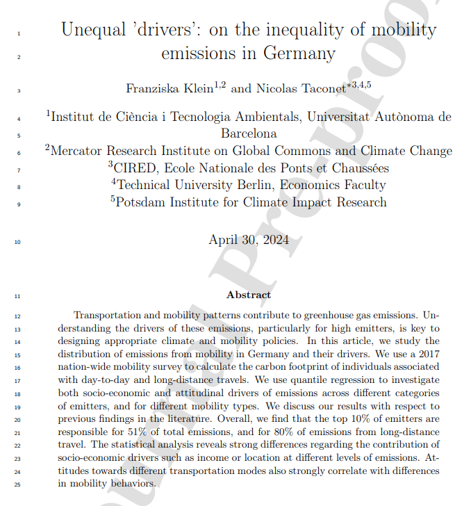 Very interesting new study finding that 10% of people are responsible for 51% of total emissions from passenger transport. The concentration is even higher for long-distance travel (10%->80%) doi.org/10.1016/j.enec…