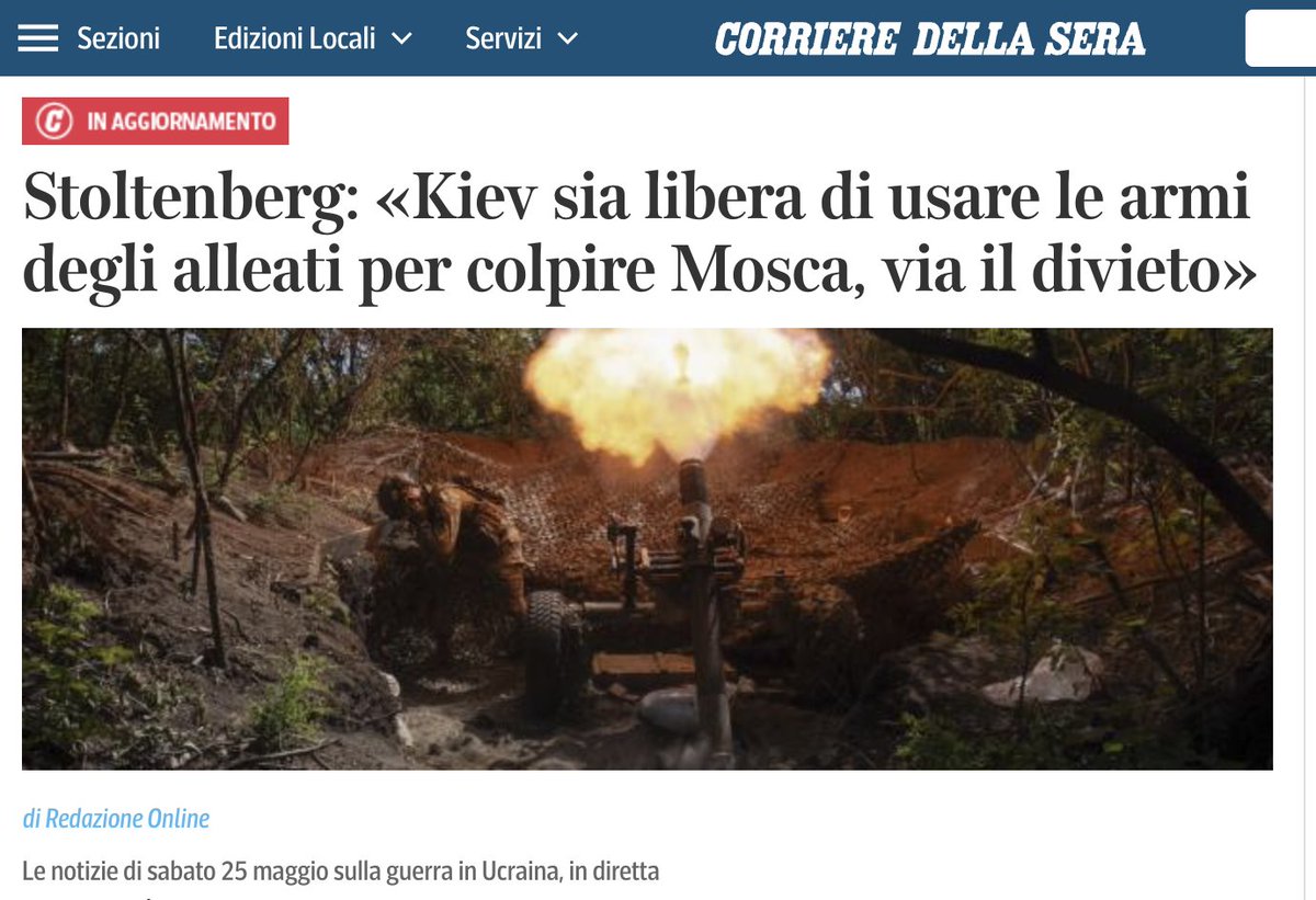 Stoltenberg: 'Kiev sia libera di usare le armi degli alleati per colpire Mosca, via il divieto'. Ecco che cosa significa avere un'alleanza pacifica e inoffensiva come la Nato ai propri confini. All'inizio della guerra i corrotti mi dicevano: 'Professor Orsini, quante storie! Ma