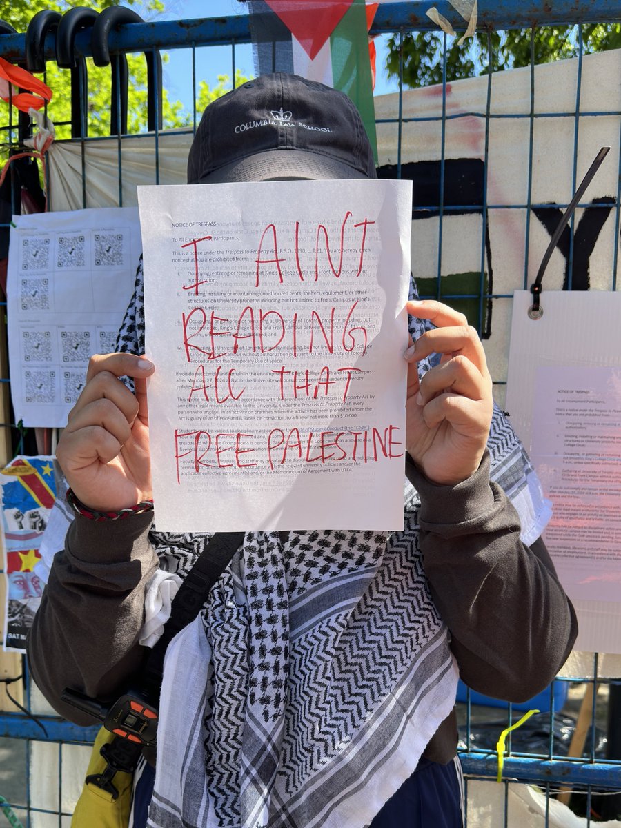 So U of T gives a trespassing notice to 'student' infiltrators and here's their educated response: 'I AINT READING ALL THAT FREE PALESTINE' They're gonna do really well in life. You can tell.