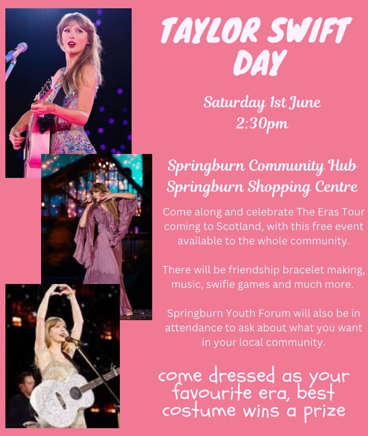 We hope this event is beyond your wildest dreams and allows local people to get involved in #TaylorWeekend regardless of income or background.

Springburn Youth Forum will also be there to speak to local young people about what matters most to them in the community.