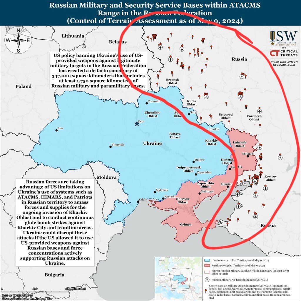 Biden's Safe Zone is Putin's main advantage in raining death on Ukraine. Russian airbases within range of Ukraine's ATACMS, but forbidden by the Biden Administration from touching.