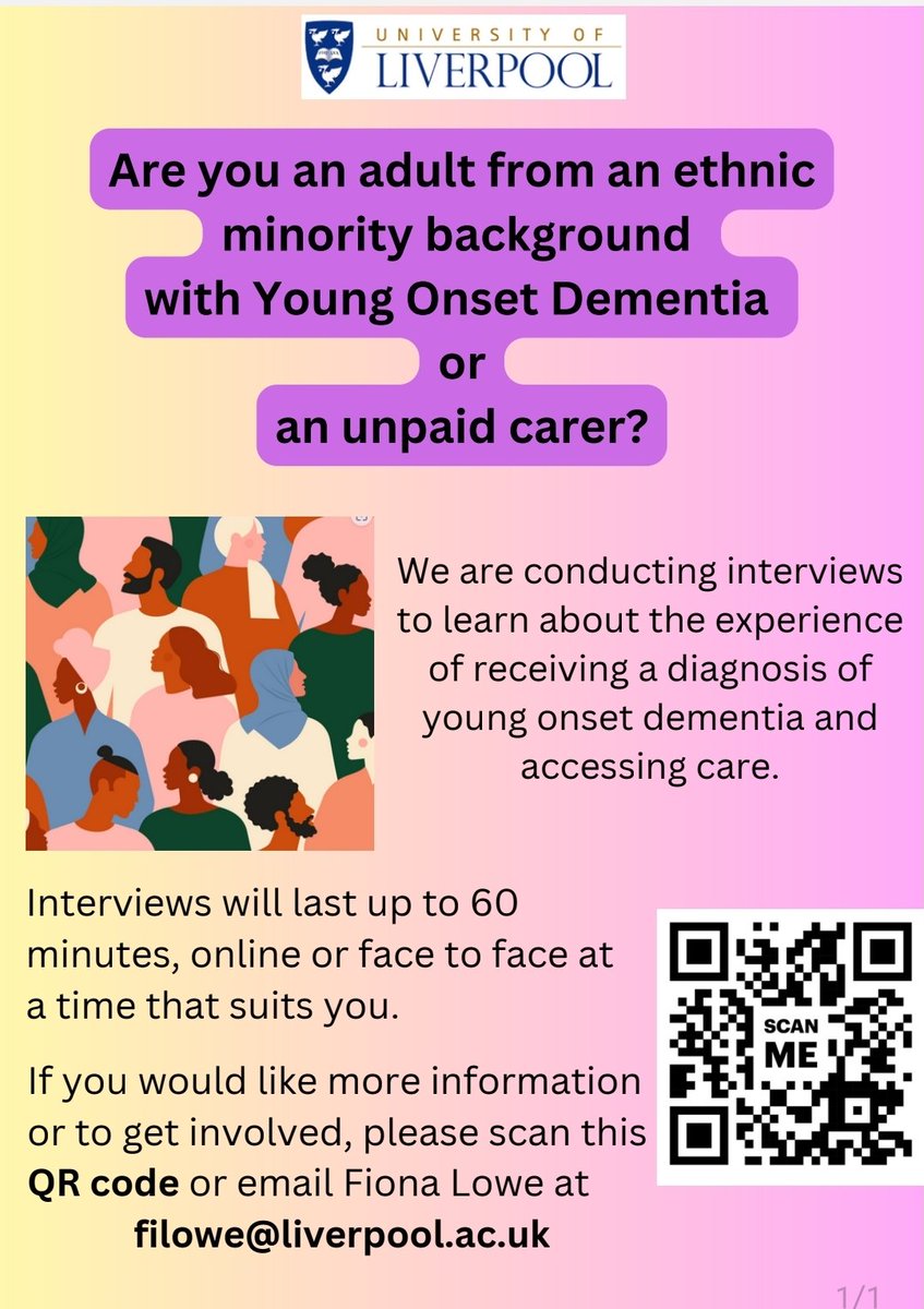 Do you have young onset #dementia #YOD/are you an unpaid carer + are from a minority ethnic background? We'd love to ask you some questions about your experiences as part of @Filowe23 @DClinPsyLiv research project! Contact details 👇🏼 #LiverpoolDementia
