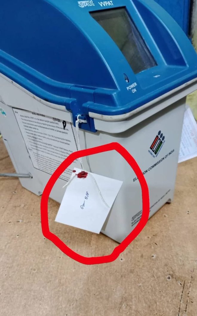 Why on earth does this SEALED #EVM have a tag marked BJP?? @ECISVEEP are these from Amit Shah’s private stash of 19 LAKH missing EVMs. You must explain this @rajivkumarec after your morning’s excitement at our festival of democracy 🤔