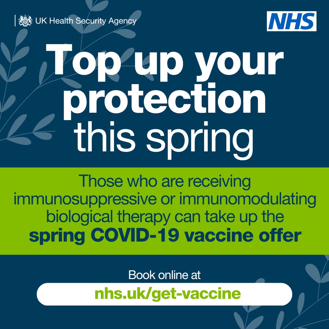 Those who are receiving immunosuppressive or immunomodulating biological therapy can top up their protection this spring! COVID-19 vaccines reduce your risk of serious illness if you have an underlying health condition. Book now: nhs.uk/get-vaccine