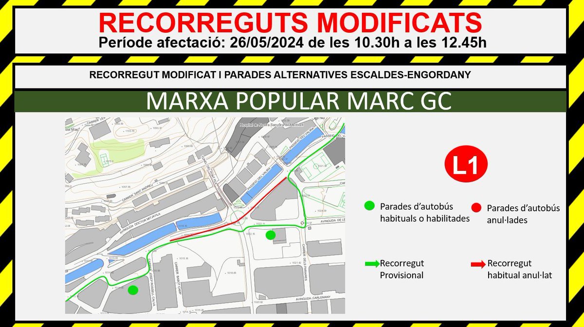 El diumenge 26/05, de les 10.30h a les 12.45h, té lloc la Marxa Popular Marc G.G. pels carrers d’Andorra la Vella i Escaldes. La incidència més important estarà en el trajecte de la línia L1, tal i com podeu veure a la imatge. Més info al 7601000 i bus.ad.