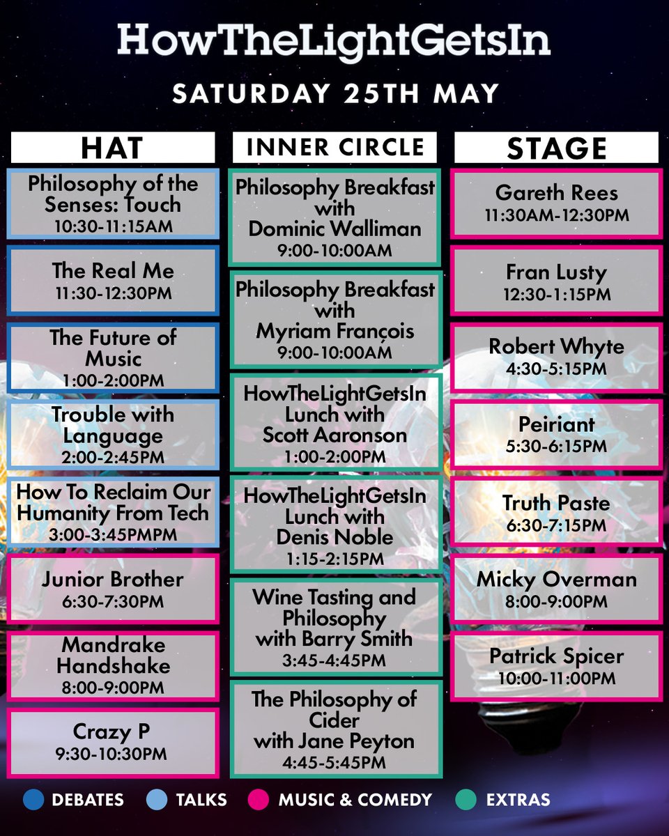 Day 2 of #HTLGI24 is upon us! 🌞 We've got an amazing lineup of events you won't want to miss today. What are you most excited to see? Let us know below 👇 Find the full programme here: howthelightgetsin.org/festivals/hay/…