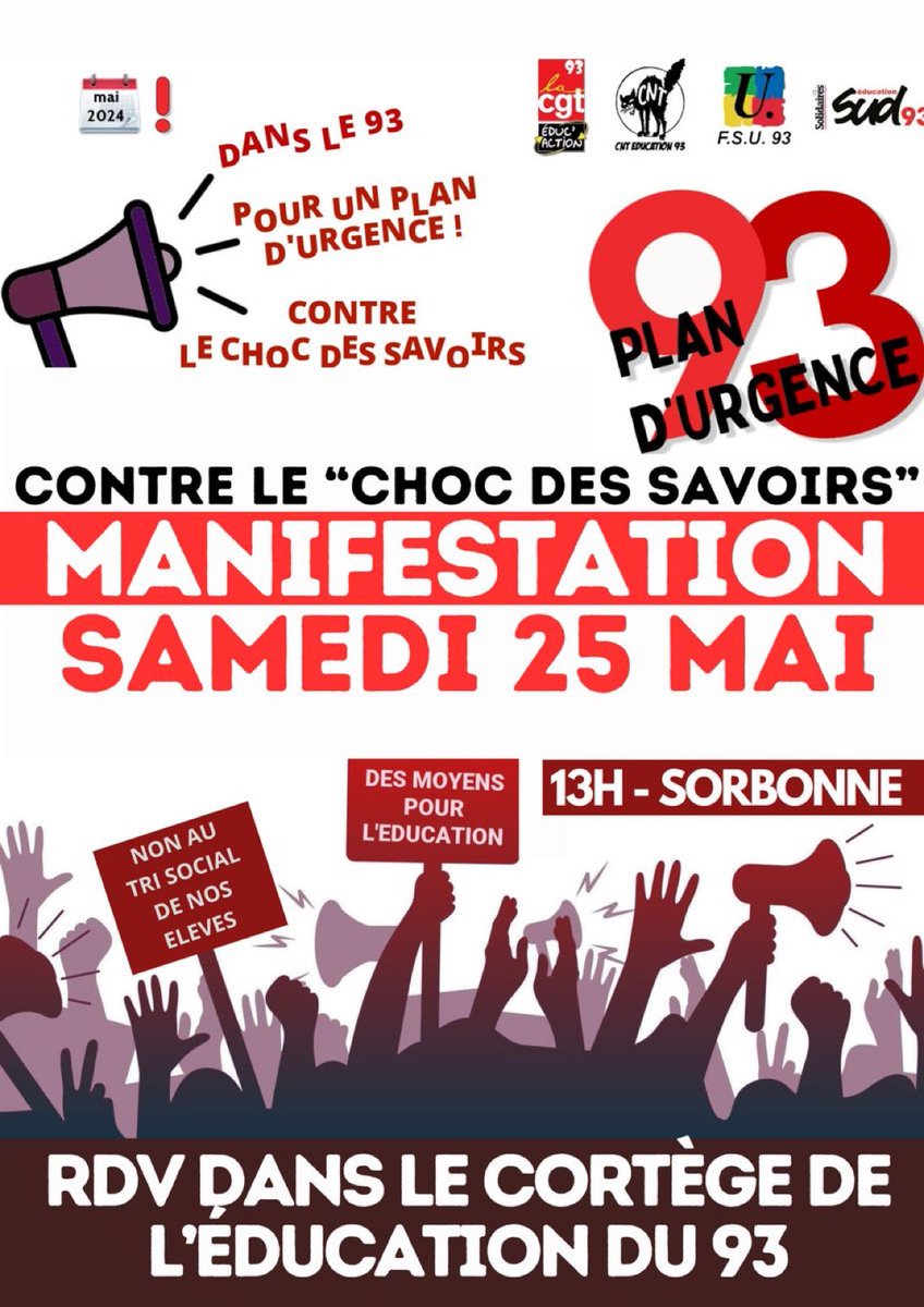 Contre le #Chocdessavoirs, pour un #Plandurgence93 et pour l’#ecolepublique ✊🏻🪧
⏰ Aujourd’hui, 13h
📍 Sorbonne