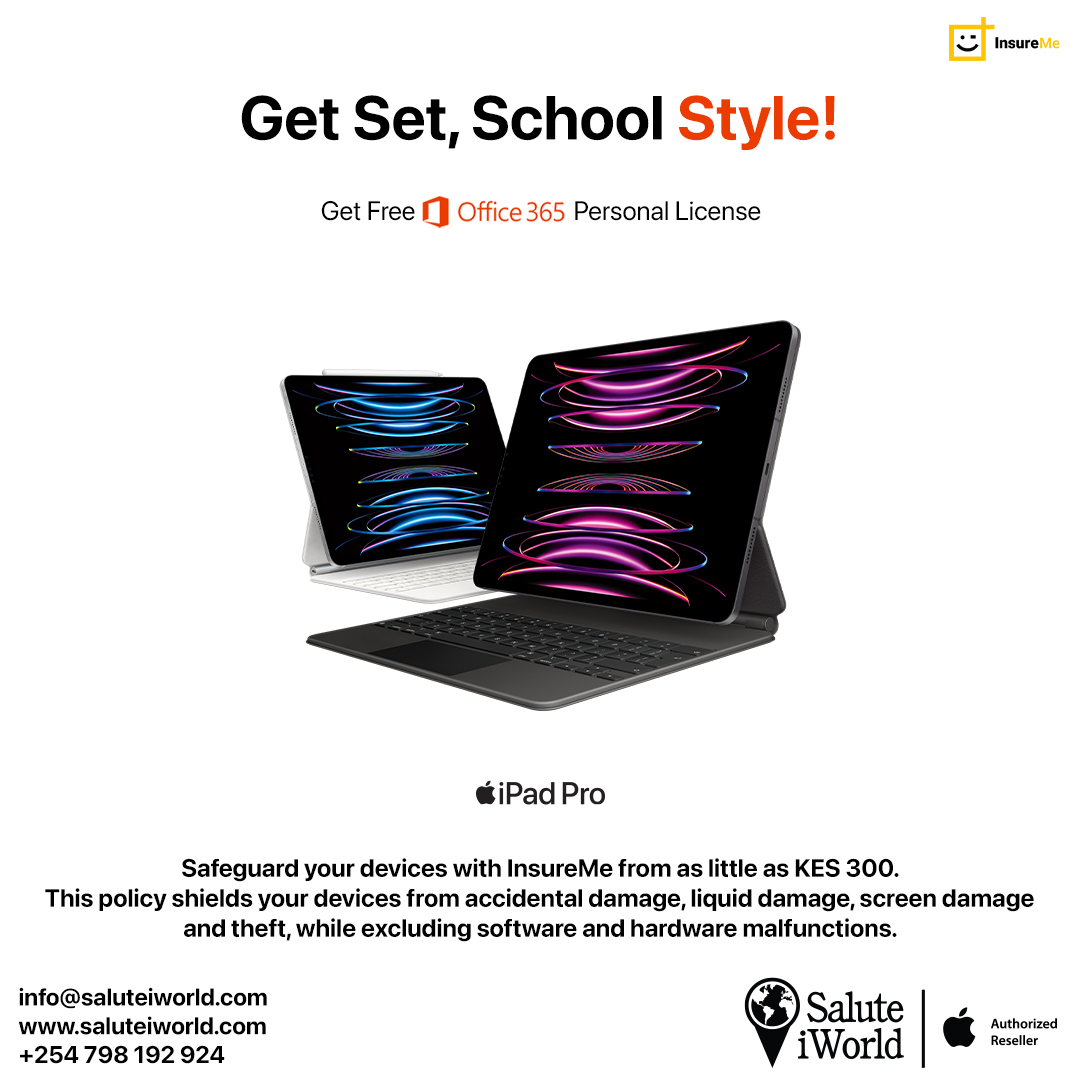 ✨ Don't miss out on @SaluteiWorldLTD's Back-To-School campaign! Purchase any iPad and unlock success with a FREE Microsoft Office 365 Personal license.
Plus, ensure your devices are protected with InsureMe starting from just KES 300. 
💻 #BackToSchool
#TechEssentials #Sa