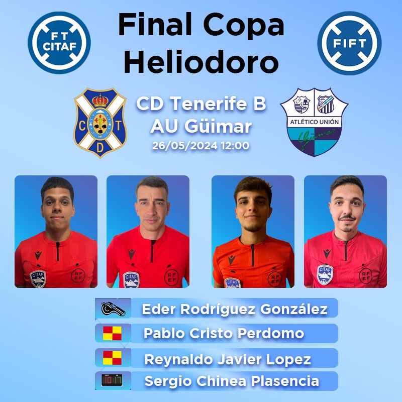 ⚽️ Mañana es el día grande de la competición con más solera de nuestro fútbol territorial. La final de la Copa Heliodoro Rodríguez Lopez se disputará mañana y ya tiene cuarteto arbitral designado para dirigirla. 🍀 ¡Mucha suerte!