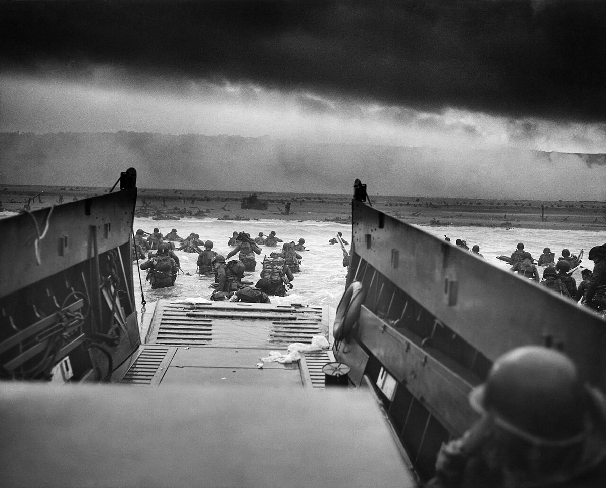 Morning of June 6, 1944 Normandy Landings.. Part of Operation OverLord & The Western Front of WWII.. Iconic image of men of The 16th Infantry Regiment US 1st Infantry Division wading ashore from their landing craft on Omaha Beach.. Photo C/O @RDog861 #MemorialDay2024