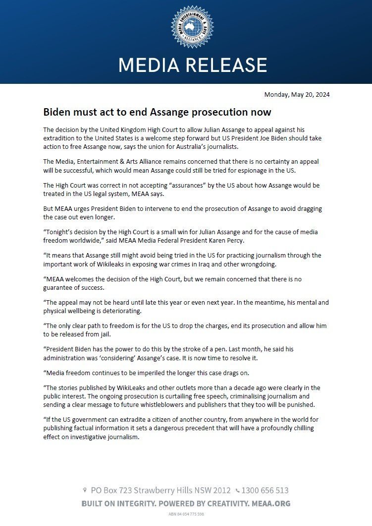 Australia's journalists union: 'The decision by the UK High Court to allow Julian Assange to appeal against his extradition to the US is a welcome step forward but President Biden should take action to free Assange now' @withMEAA #FreeAssangeNOW