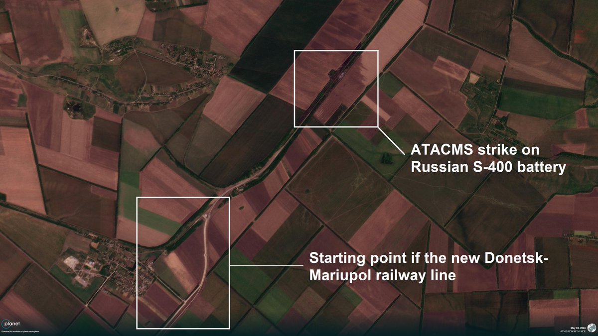 1/3 Interestingly, the Russian S-400 battery hit by ATACMS on May 22nd was located just 4 km away from the starting point of the new Russian railway line from Donetsk to Mariupol (image by @planet captured on May 24). x.com/Osinttechnical…