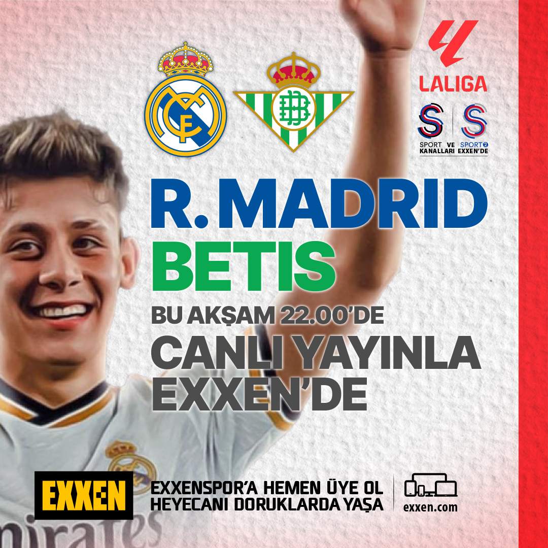 La Liga’da Arda Güler’li Real Madrid bu akşam Betis ile karşı karşıya geliyor. Bu maç 22.00’de S Sport’tan canlı yayınla Exxen’de. Hemen exxen.com’a gir, Exxenspor’a hemen üye ol, eğlenceyi ve heyecanı doruklarda yaşatan Exxenspor’un keyfini çıkarmaya başla.