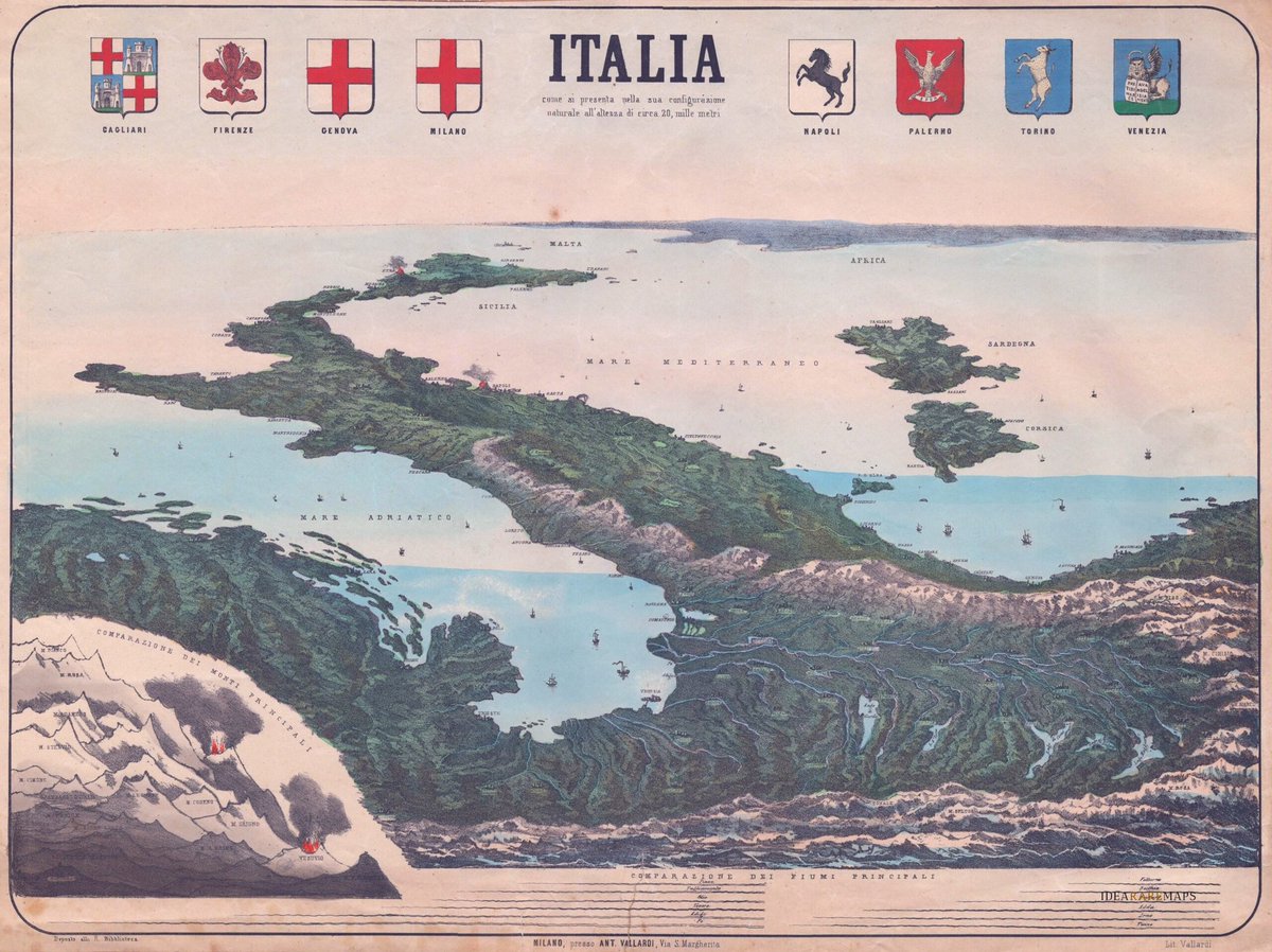 ideararemaps's tweet image. Rara mappa dell’Italia con le #Alpi in primo piano e la Sicilia e la costa nordafricana sullo sfondo stampata da Vallardi nel 1865. In alto gli stemmi di Cagliari, Firenze, #Genova, #Milano, Napoli, Palermo, Torino e Venezia. Manca quello di #Roma che era ancora Stato Pontificio