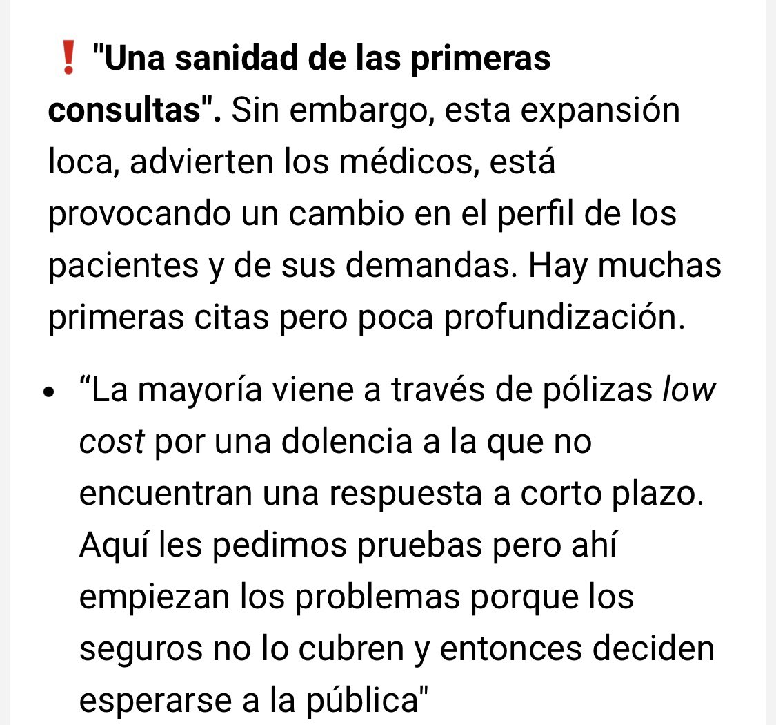 L'auge de la medicina privada es deu a polisses de baix cost que només cobreixen algun tipus de proves, per la qual molts pacients no tenen més remei que tornar a la pública,les esperes als hospitals privats també augmenten. 
La Salut no ha de ser un negoci
#SanitatPública💯❌💯