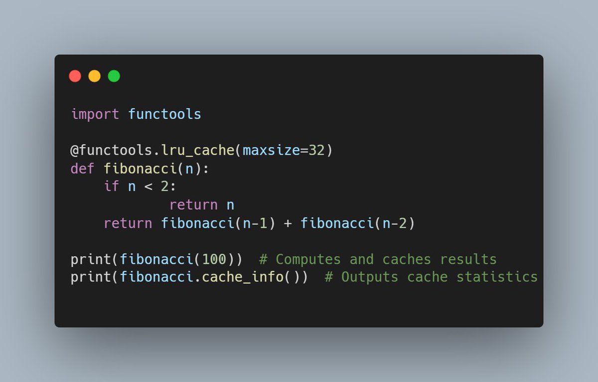 Here is 50 python decorators as  a part of  #100DaysOfCode

𝐃𝐞𝐜𝐨𝐫𝐚𝐭𝐨𝐫 3:  functools.lru_cache

Description and gitHub link in comment 👇

#coding 
Build In Public 🤝 Learn in Public