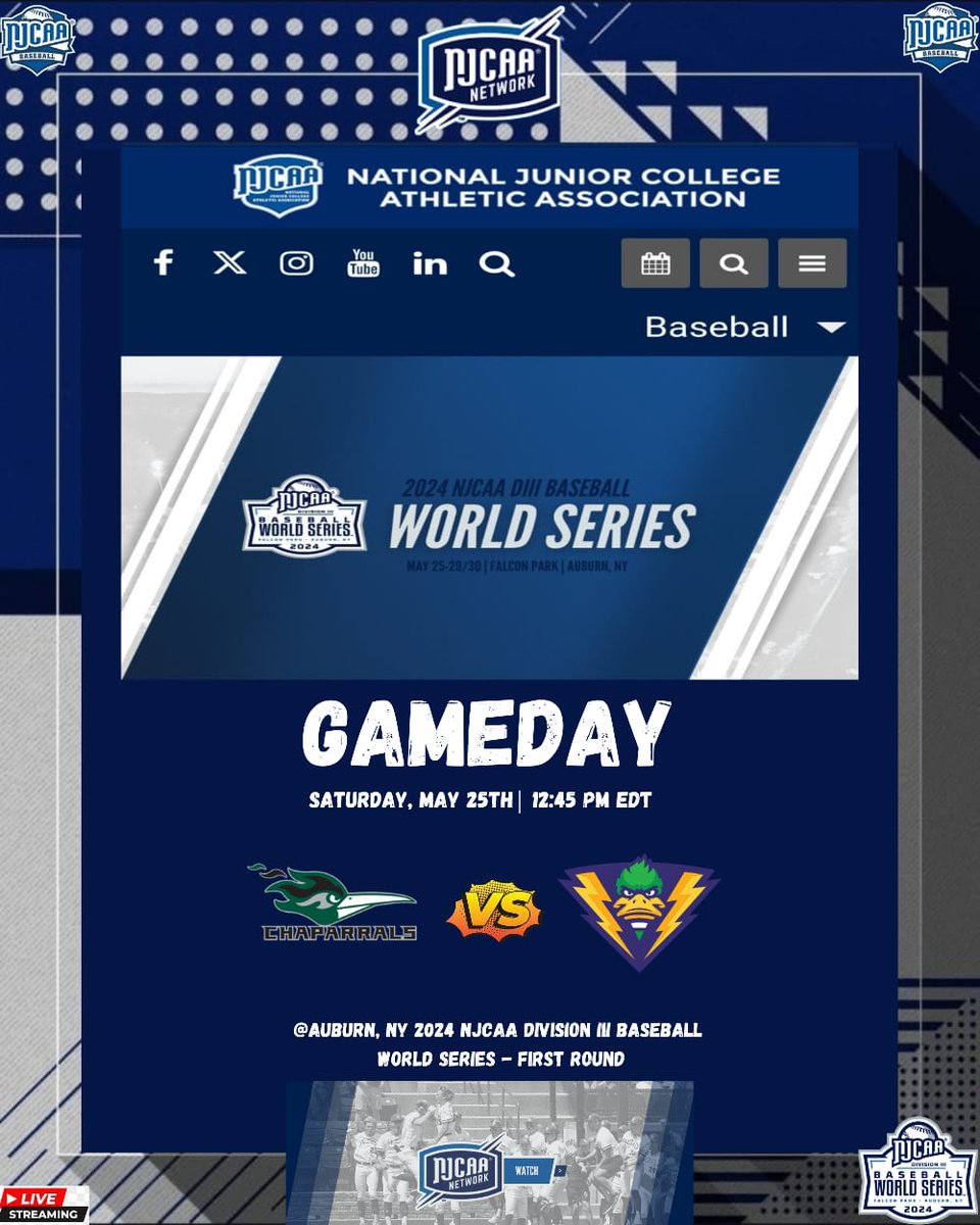 NJCAABaseball24's tweet photo. NJCAA DIII BASEBALL WORLD SERIES-FIRST ROUND
⚾️Dupage🆚Dallas College - Richland
🗓️ Saturday,May 25th
⏰ 12:45 PM EDT
📺Live on : https://t.co/2wtLn4WXhN

@DuPageBaseball @CoachTCip @ryanakaiser @CoachZunk @MattGouldMedia @RichlandTducks @DucksBsb @JBren16 @dan_morgan6 @ABosch11_ https://t.co/2VrpwlWFiX