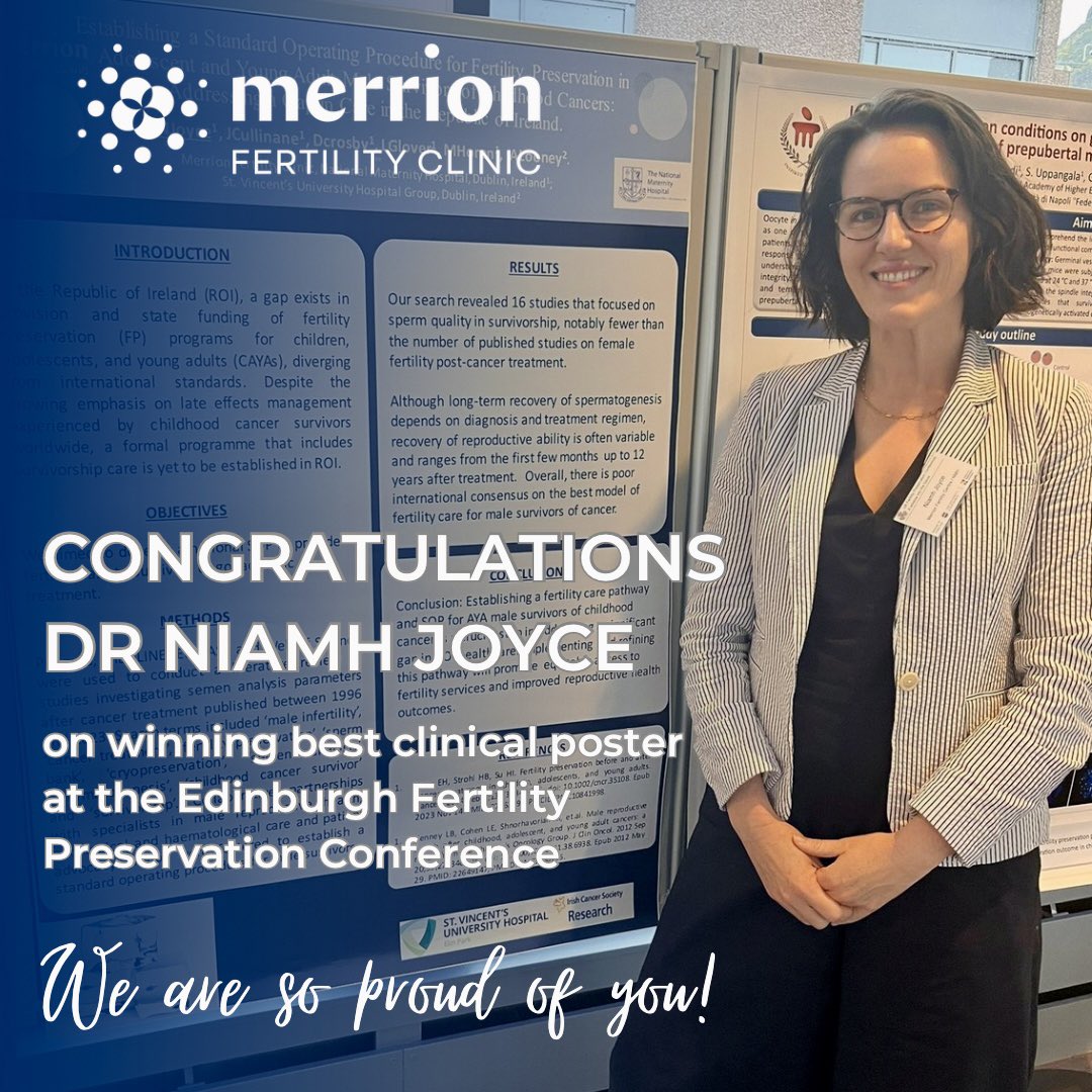 Merrion Fertility Clinic (@mfc_merrion) on Twitter photo Great news 🎉Dr Niamh Joyce, <a href="/mfc_merrion/">Merrion Fertility Clinic</a>, won an award at the <a href="/edinfertility/">EFP - Edinburgh Fertility Preservation</a> Conference for her work on developing the Childhood Cancer Fertility Project, the National Fertility Preservation Programme in Ireland for adolescents & young adults undergoing cancer treatments #UKFP24 Great news 🎉Dr Niamh Joyce, <a href="/mfc_merrion/">Merrion Fertility Clinic</a>, won an award at the <a href="/edinfertility/">EFP - Edinburgh Fertility Preservation</a> Conference for her work on developing the Childhood Cancer Fertility Project, the National Fertility Preservation Programme in Ireland for adolescents & young adults undergoing cancer treatments #UKFP24