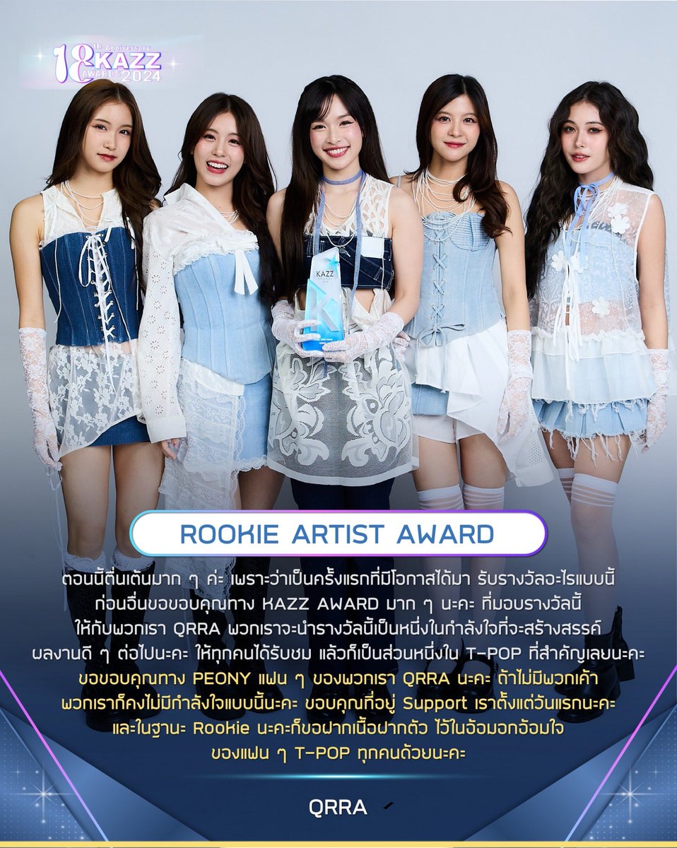 ✨ #KAZZAWARDS2024 ✨

รางวัล Rookie Artist Award
‘QRRA’

'กราบสวัสดีทุกคนนะคะ ตอนนี้ตื่นเต้นมากๆ ค่ะ เพราะว่าเป้นครั้งแรกที่มีโอกาสได้มารับรางวัลอะไรแบบนี้นะคะ ก่อนอื่นขอขอบคุณทาง KAZZ AWARD มากๆนะคะ ที่มอบรางวัลนี้ให้กับพวกเรา QRRA นะคะ