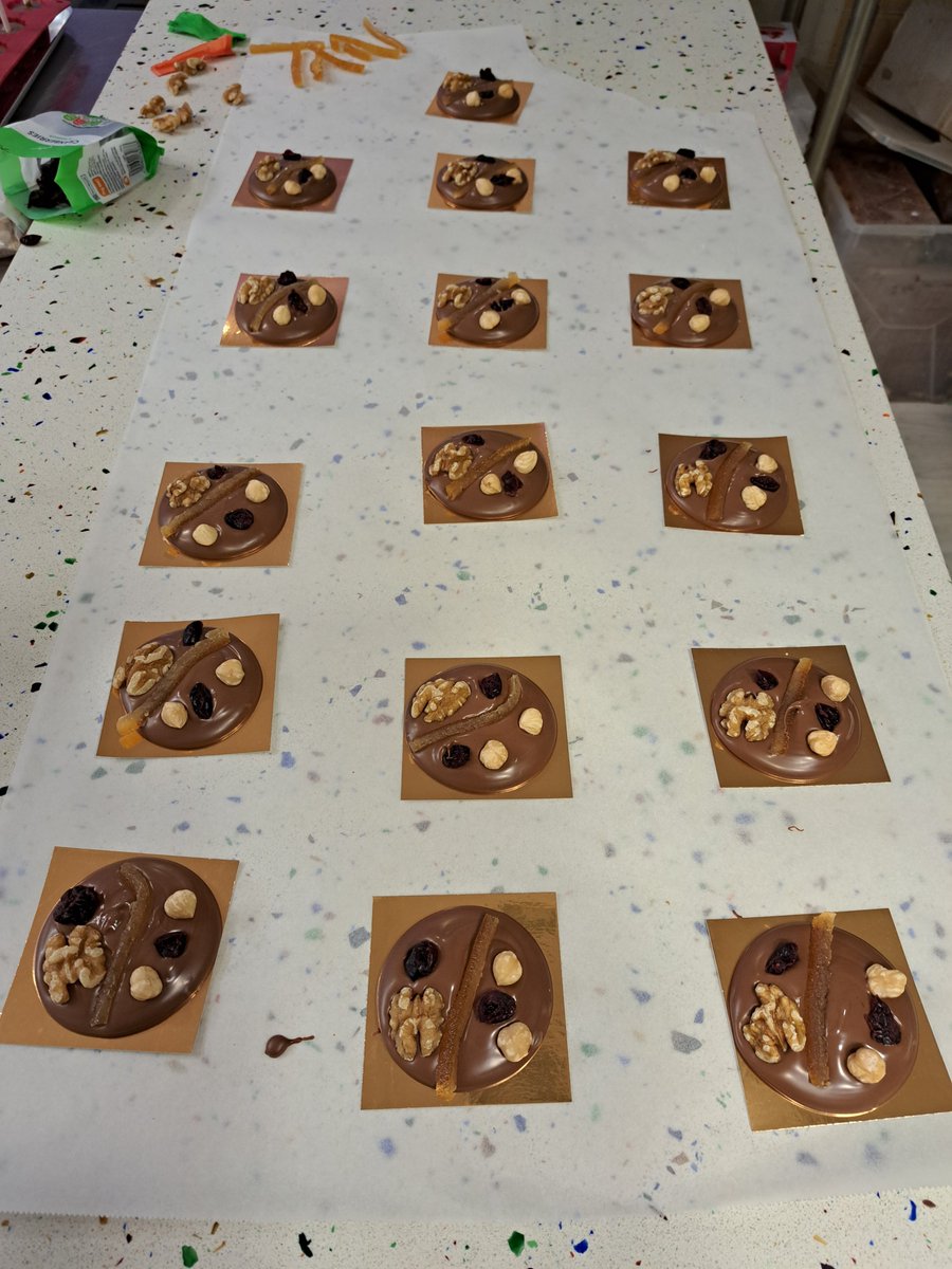 Milk chocolate Mendiants, made this morning. A chocolate disk topped with walnut, cranberries, hazelnuts and orange peel. Absolutely delicious.