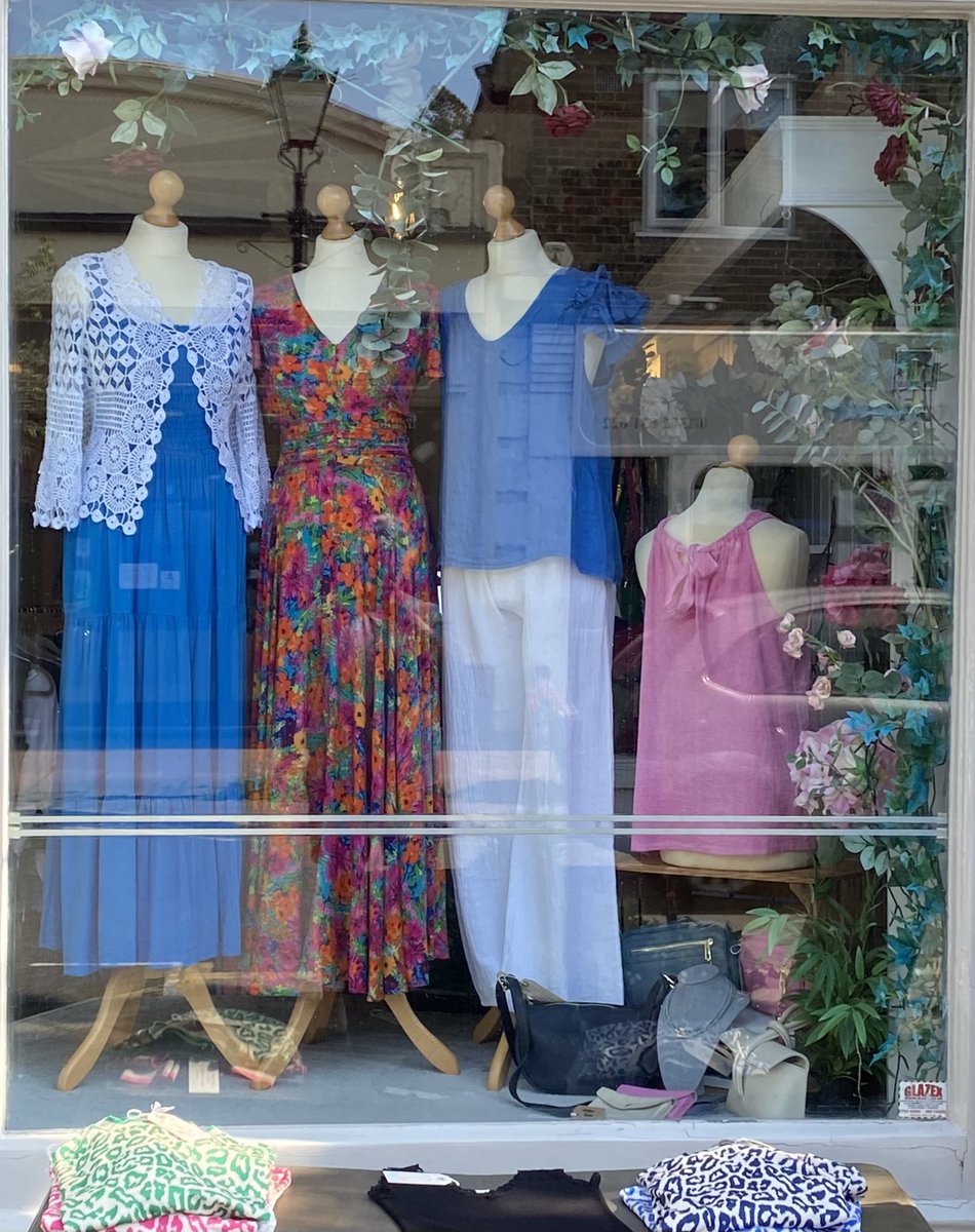 Our shop windows on a beautifully sunny Saturday morning 25 May. Lots of new clothes. Wishing you a wonderful Bank Holiday weekend. Mary & Gary