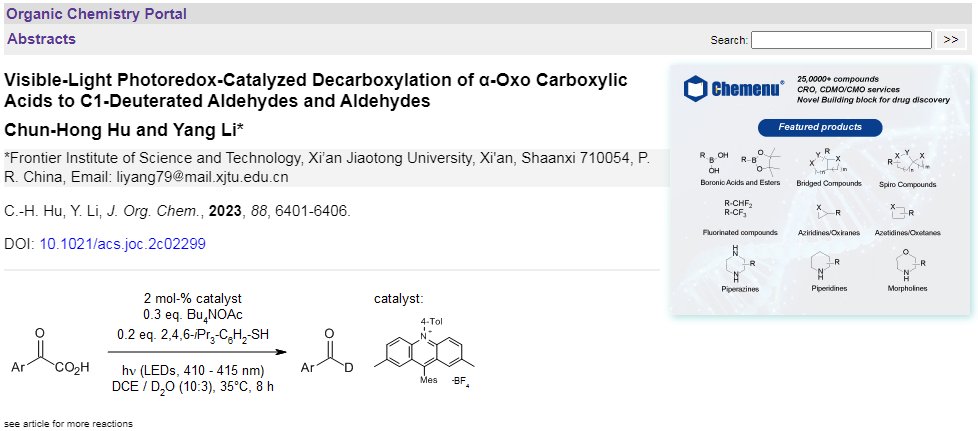 organic-chemistry.org/abstracts/lit9… 
A visible-light photoredox-catalyzed decarboxylation of α-oxo carboxylic acids in the presence of D2O