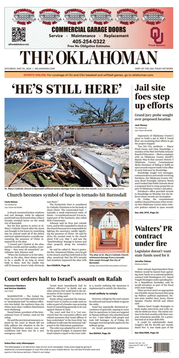 🇺🇸 'He's Still Here' ▫Church becomes symbol of hope in tornado-hit Barnsdall ▫@OKRelig #frontpagestoday #USA @TheOklahoman_ 🇺🇸