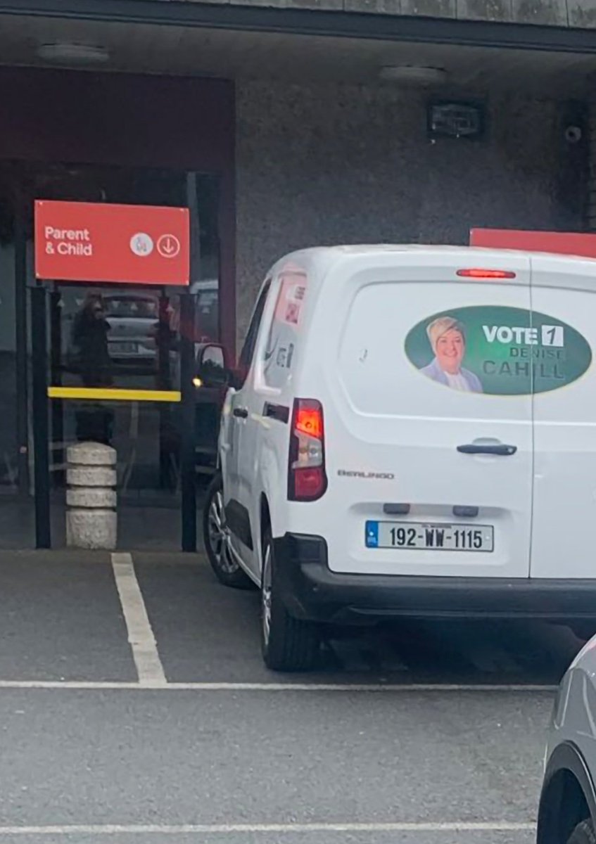 Big shout out to the Sinn Féin candidate in Bray that parked her white van across two parent and child spaces, forcing women who actually had kids in the car with them to park elsewhere. Working for the most vulnerable in society? Sure, they can't even park properly. #LE24