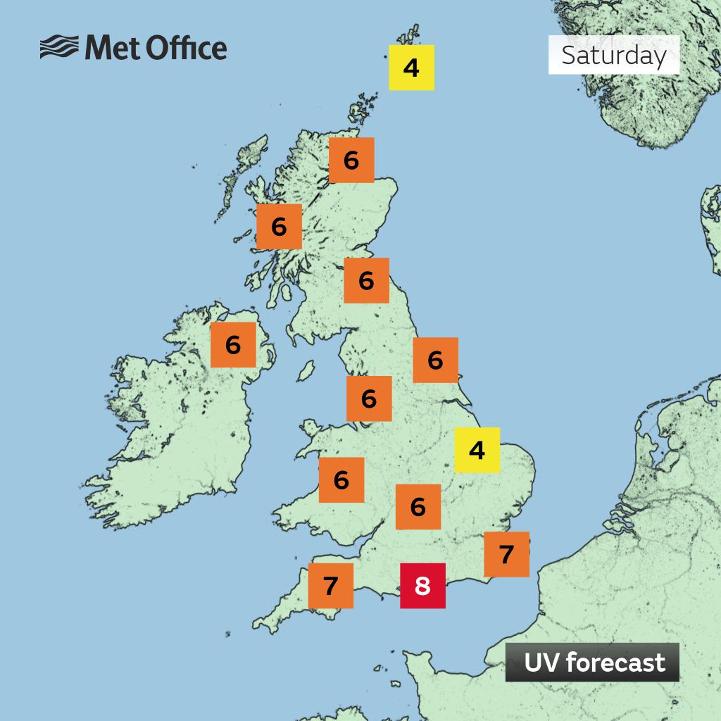 The UV will be high or very high in places today, so don't forget the sun cream 🌤️ 🟨 Moderate UV 🟧 High UV 🟥 Very high UV