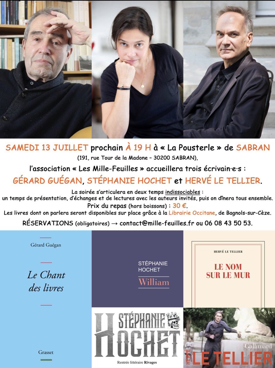 La belle affiche pour la soirée des Mille-feuilles à Sabrant, dans la région d’Avignon. Le 13 juillet. Venez ! 😃 @EditionsRivages @ADeroudilhe #herveletellier #gérardguégan
