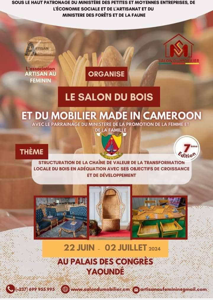 Et si tu prenais ton agenda pour save the date? 😁
À retenir :
✅ 7e édition du Salon du Bois et du Mobilier Made in Cameroon *samedi 22 juin au mardi 02 juillet 2024*
*Lieu : Palais des Congrès de Yaoundé : Halle C et ses environs*
🗓️ *Jour J➖29*