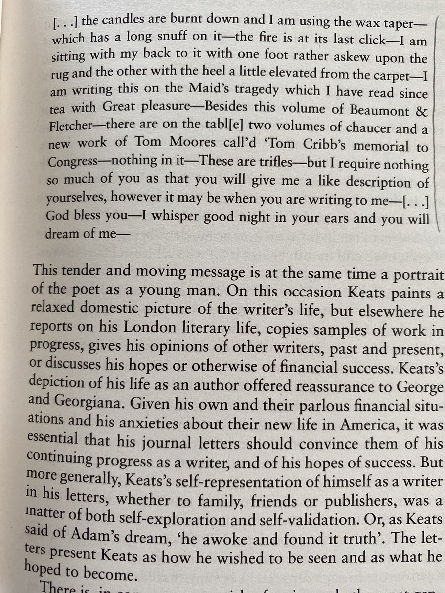 Dipping into Keats's letters, & he is as fully alive, & brilliant, & open-hearted as usual. This is from 12 March 1819 to his brother & sister-in-law in the U.S.A. @stanley_wells @JohnKeatsTweet1 @AdamSmy36314691 @robert_stagg @paulajaynebyrne @profbate