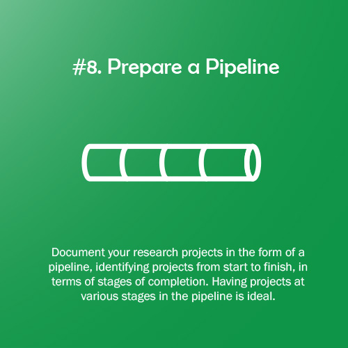 Research Rule of the Game #8: Prepare a Pipeline. All 100 PhD + 100 Research Rules of the Game are available at bit.ly/2CxcsRd and bit.ly/2JNbTsj #100PhDRules #PhD #phdchat #phdadvice #phdforum #phdlife #ecrchat #acwri