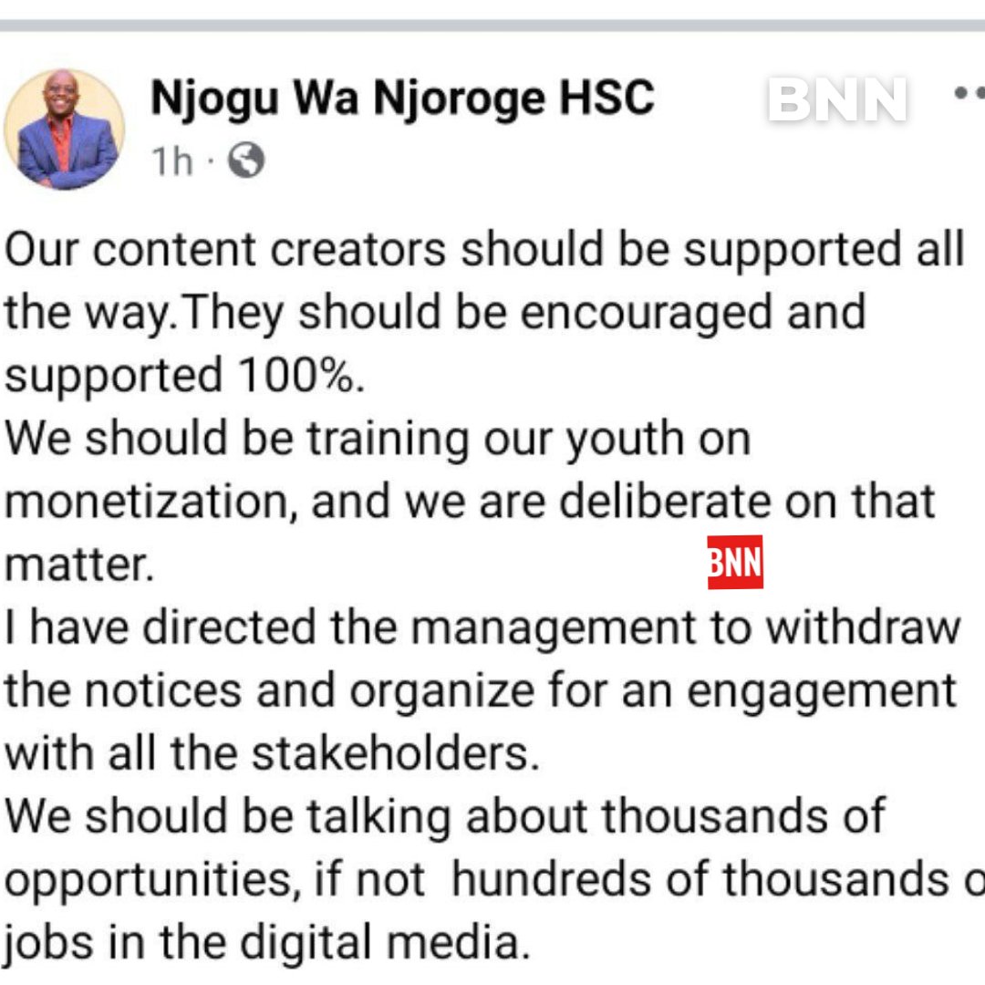 KFCB chairman Njogu wa Njoroge disbands the move by the KFCB to license content creators. #kfcb #bnnbasic JOIN BNN BASIC - t.me/bnnkenya/49135