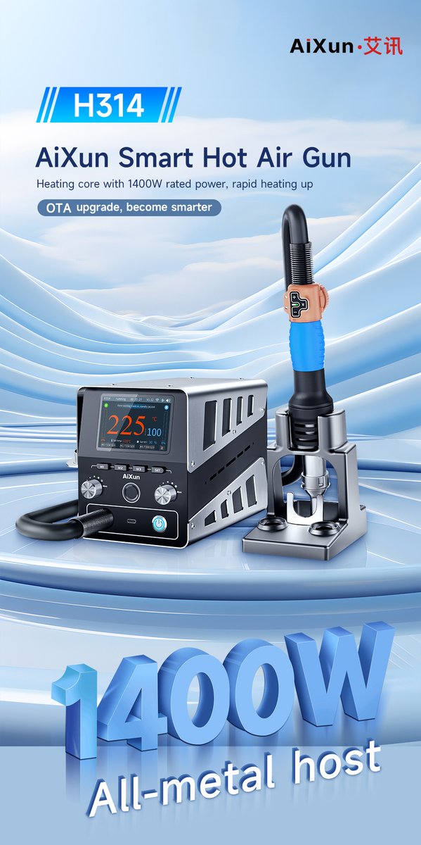 AiXunTech's tweet photo. 🔥 H314 1400W Smart Hot Air Gun Rework Station! 🔧
Say goodbye to slow heating and hello to lightning-fast performance. ⚡️ 1400W rated power heating core for rapid temperature rise in just 3 seconds
#rework #tools #electronic #repairing #aixun #aixuntech https://t.co/2222P0m9n2