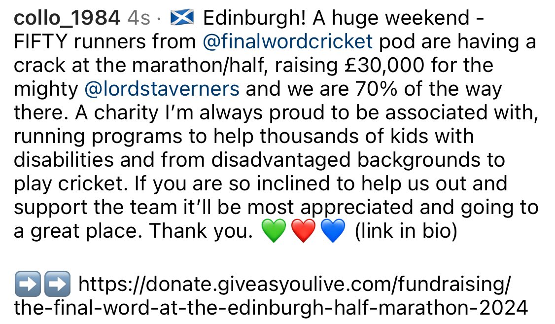 Good deed for the weekend? Please lend us a hand getting to £30,000 for the @LordsTaverners with our 50 (!) @Final_Word_Pod runners in the Edinburgh marathon/half. Ta! ➡️ donate.giveasyoulive.com/fundraising/th…