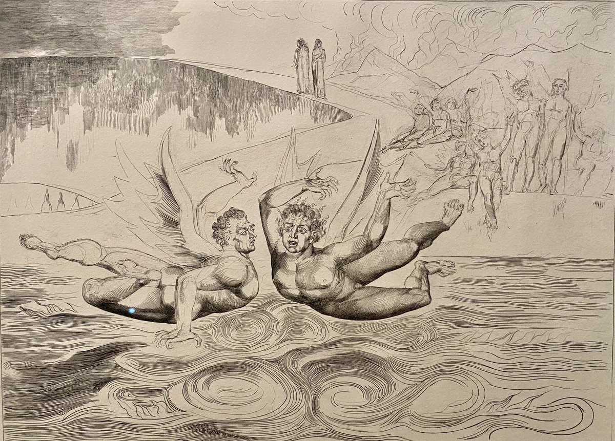 William Blake, 1827, Two Devils mauling each other (reminds me of Twitter/X). In the final year of his life, Blake was commissioned by John Linnell to illustrate Dante's Divine Comedy. This illustrates the Circle of the Corrupt Officials. Personal photo