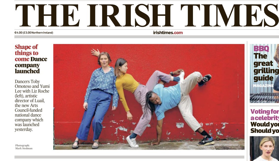 A nice photo from the @luaildance launch on the front cover of today's Irish Times, featuring Artistic Director Liz Roche with dancers Tobi Omoteso and Yumi Lee.

Learn more about Luail - Ireland's National Dance Company: artscouncil.ie/News/The-Arts-…

📷: Mark Stedman