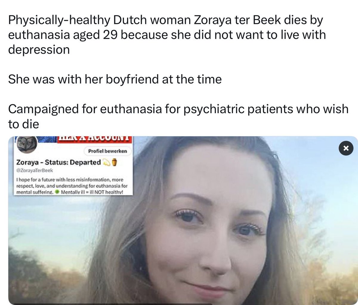 I find this a little concerning: A physically healthy, well groomed young woman, emotionally connected, (as she had a boyfriend and a pet), chooses euthanasia because of depression. Could she not have improved, with the correct treatment? dailymail.co.uk/news/article-1…