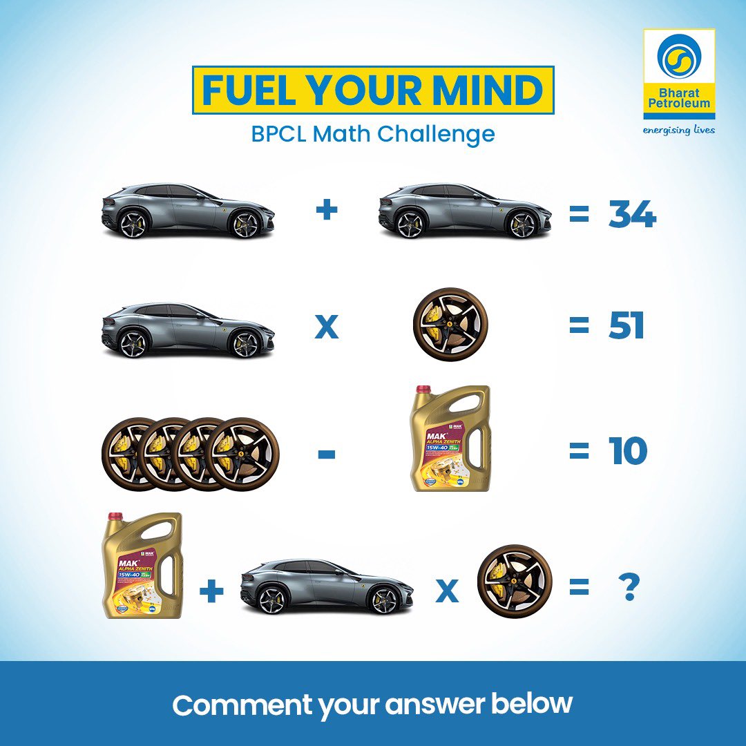 What's better than a quick challenge to get your mind working over the weekend? Try solving this and test your math skills with BPCL! Increase your chances of winning by using these hashtags: #BPCL #FuelYourMind #Contest. Follow @bpclimited to keep yourself updated.