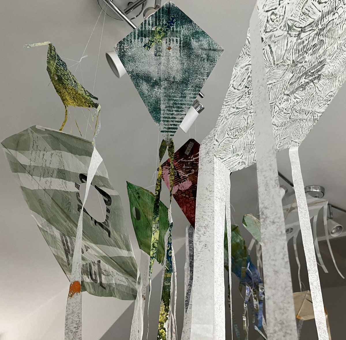 New hand-printed kite installation coming soon to ‘Unspun’ art exhibition at Willesden Gallery #willesdengreen 25 June to 6 July. This is a test hanging in the studio. #monotype #printmaking