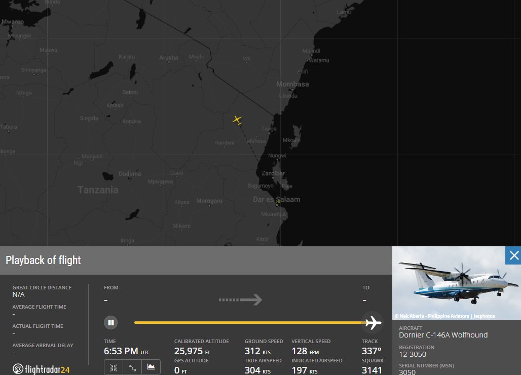 Dinlas3's tweet photo. 🇺🇸USAF C-146A United States Special Operations Command (USSOCOM) Dornier C-146A Wolfhound w/ reg. 12-3050 spotted heading out from 🇹🇿Dar es Salaam, Tanzania before going dark. #AE68BC @Borrowed7Time https://t.co/fopz5rvzKb