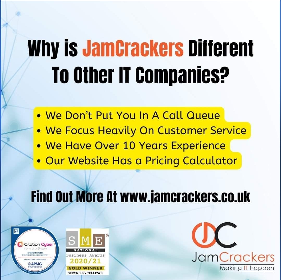 JamCrackersUK's tweet image. Visit us today at jamcrackers.co.uk and have a great bank holiday weekend!!

#ITSupport #ITSupportinLeightonBuzzard #ITSupportLondon #CyberEssentialsConsultancy #ITHelp #BusinessITSupport